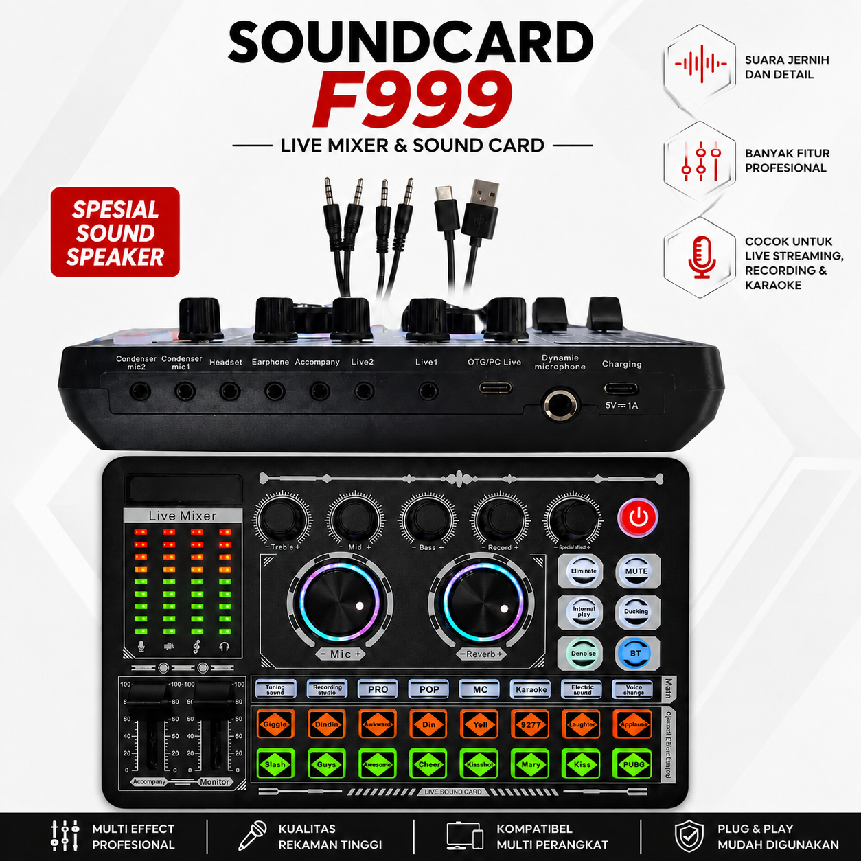 Sound Card Mixer F999 Live Wireless untuk Karaoke, Live Streaming, Podcast, dan Rekaman