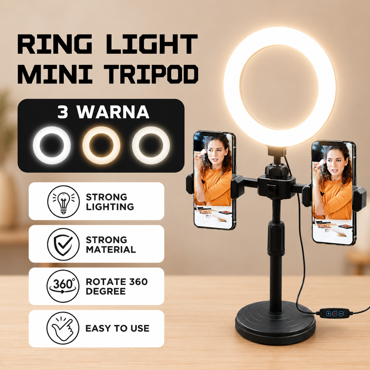 Ring Light Tripod Meja Mini dengan Holder HP untuk Live Streaming dan Konten Kreator