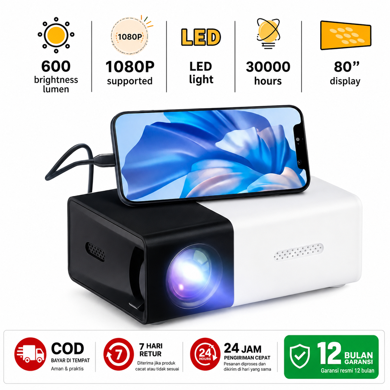 Proyektor Mini YG300 Portable untuk Nonton Film, Presentasi, Mirroring HP, dan Home Theater